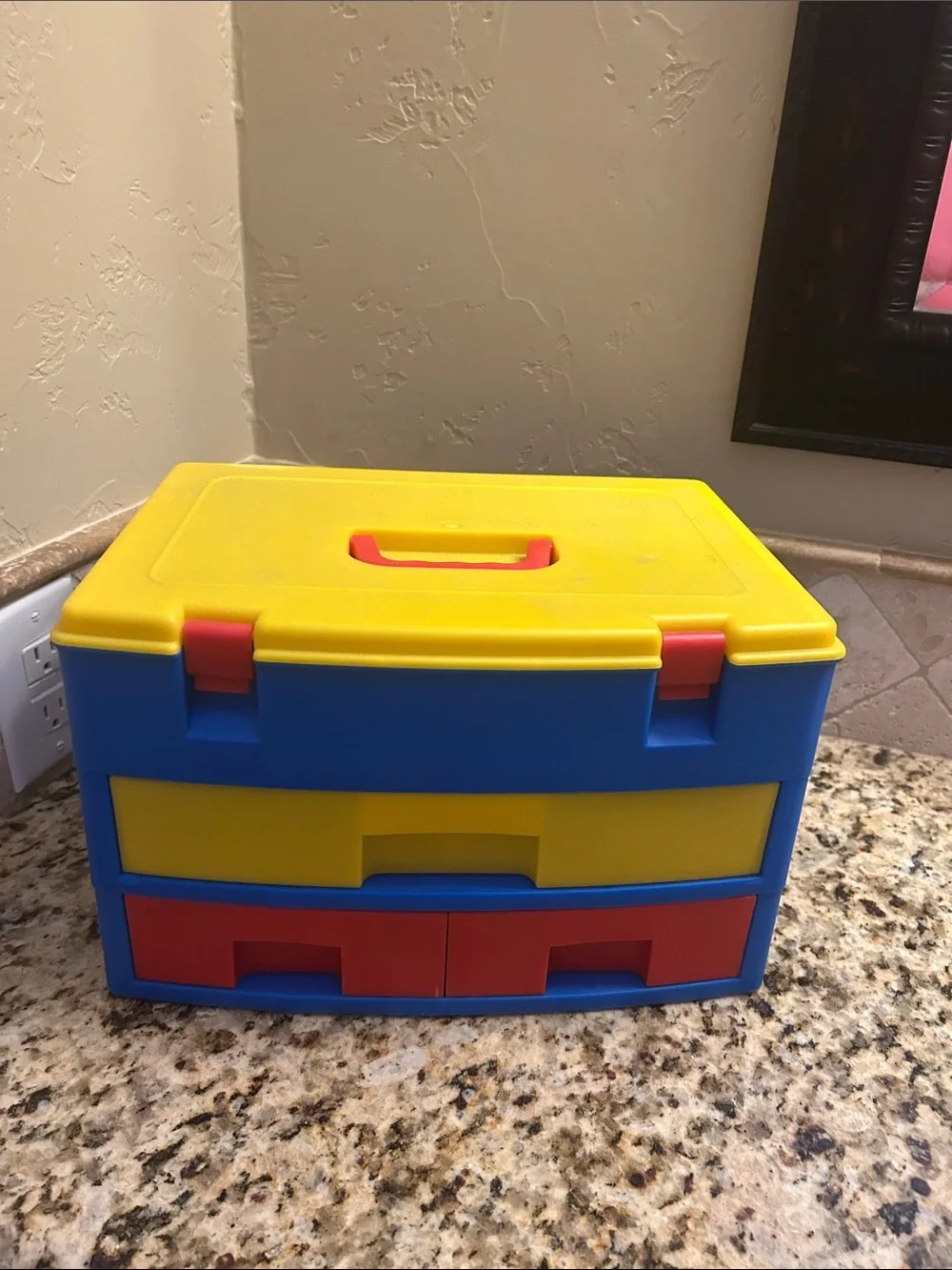 Kids Multi-Color Plastic Toy Storage Box with Drawers - Yellow/Blue/Red & Handle